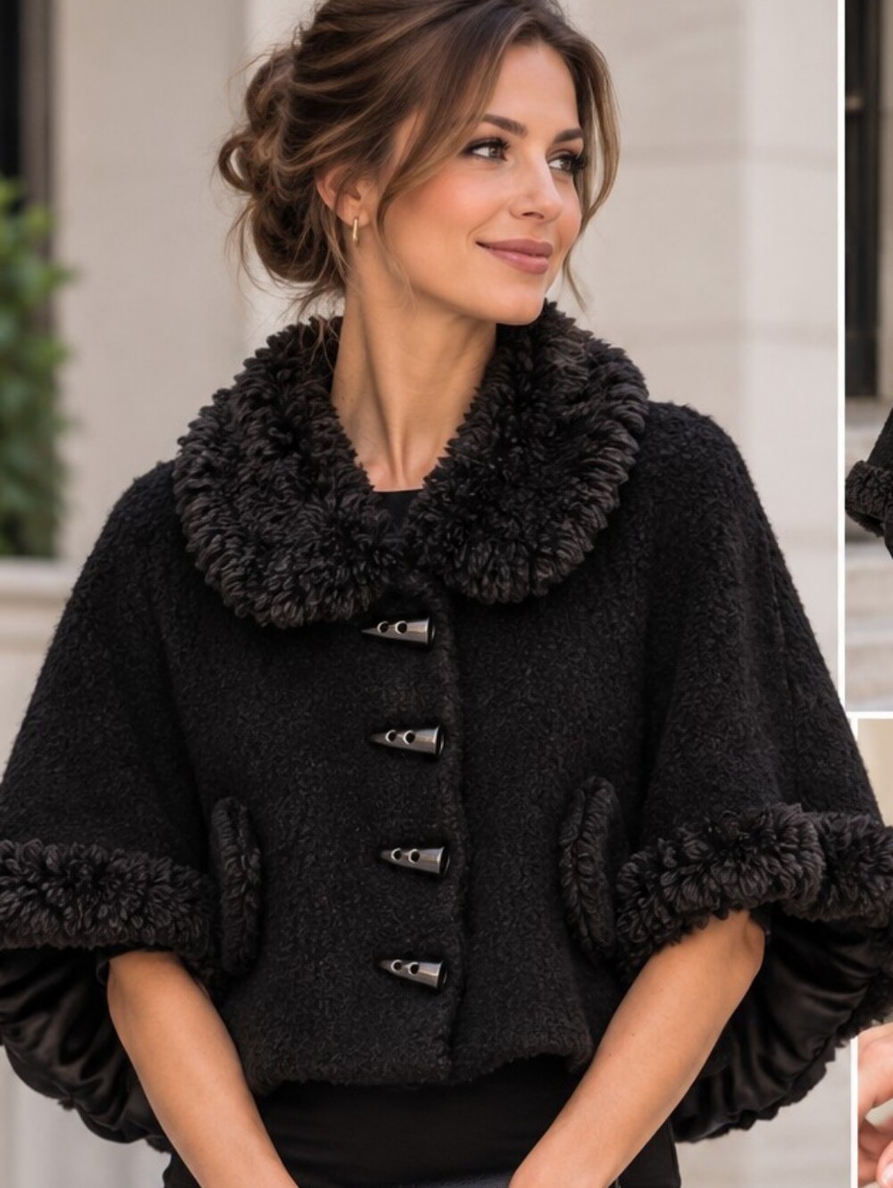 Olivia Black Faux Fur Trim Cape Coat Women’s Large